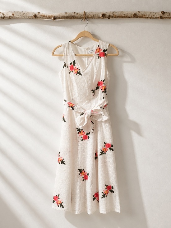 Calvin Klein Dresses & Skirts - Calvin Klien Sleeveless White Floral Eyelet Midi Dress with Waist Tie